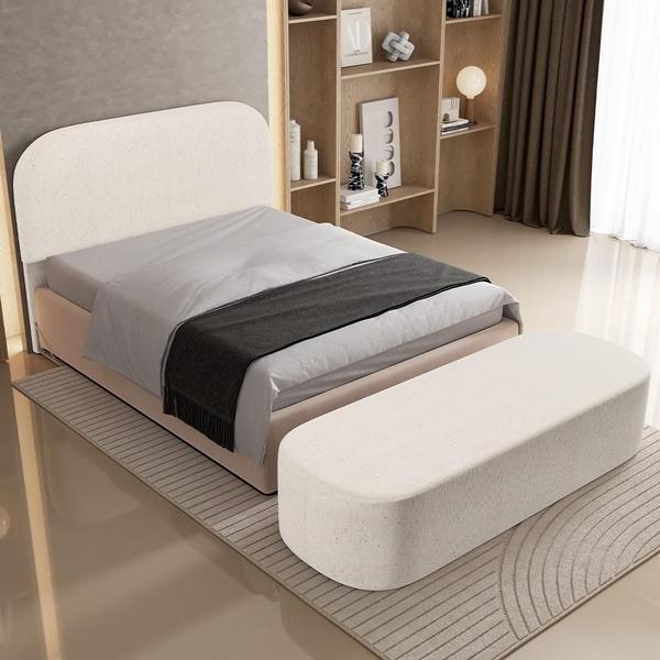 Imagem de Cabeceira Cama Box Casal 140cm Lanna com Puff Recamier Doha W01 Linho Cru - Lyam Decor