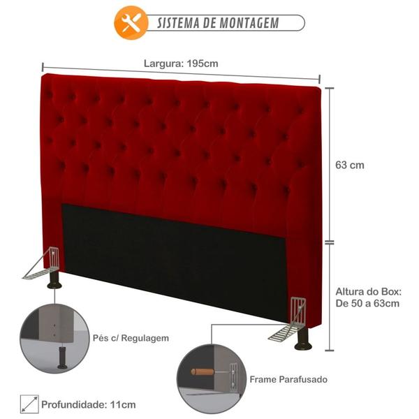 Imagem de Cabeceira Cama Box Casal King 195cm Cristal Veludo Vermelho - JS Móveis