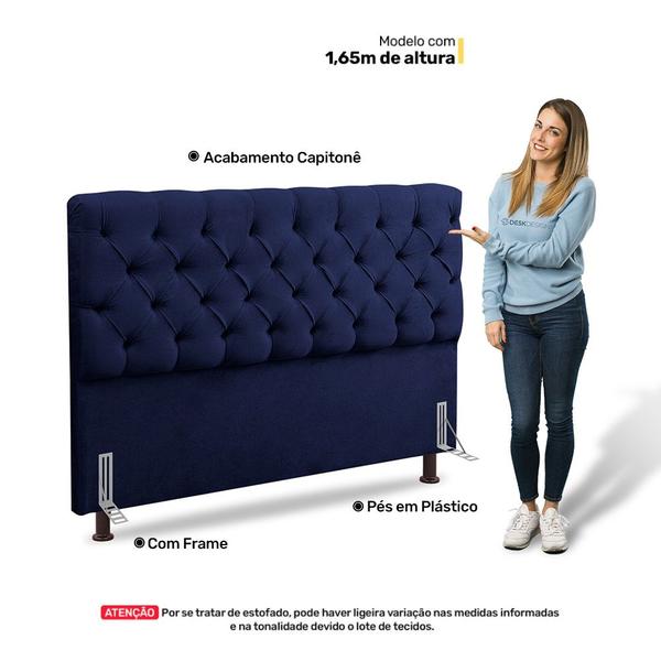 Imagem de Cabeceira Cama Box Casal Lylla 140cm Capitonê com Frame Suede Azul Marinho - Desk Design