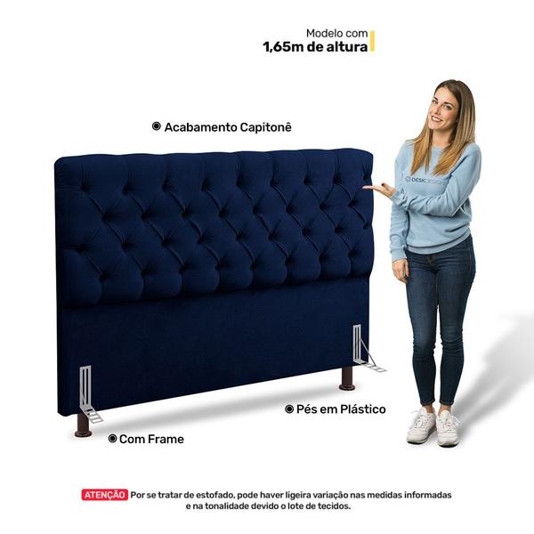 Imagem de Cabeceira Cama Box Casal Lylla 140cm Capitonê com Frame Veludo Azul Marinho - Desk Design