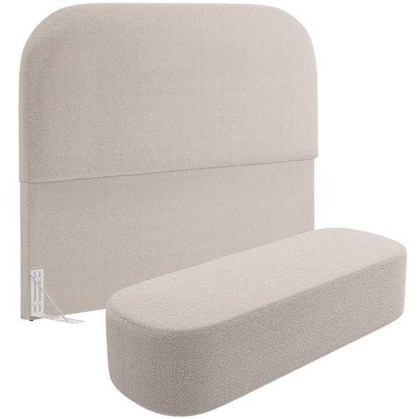 Imagem de Cabeceira Cama Box King 195cm Lanna com Puff Recamier Doha W01 Bouclê Creme - Lyam Decor