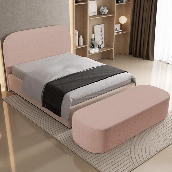 Imagem de Cabeceira Cama Box King 195cm Lanna com Puff Recamier Doha W01  Linho Rosê - Lyam Decor