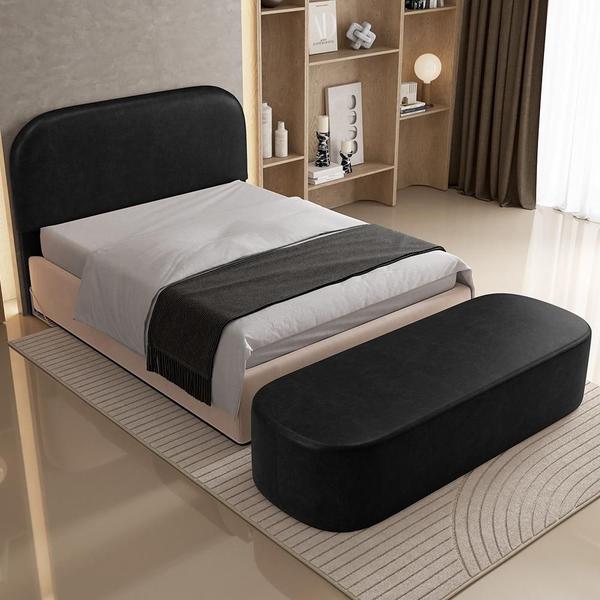 Imagem de Cabeceira Cama Box King 195cm Lanna com Puff Recamier Doha W01  material sintético Preto - Lyam Decor