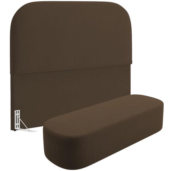 Imagem de Cabeceira Cama Box King 195cm Lanna com Puff Recamier Doha W01  Suede Marrom - Lyam Decor