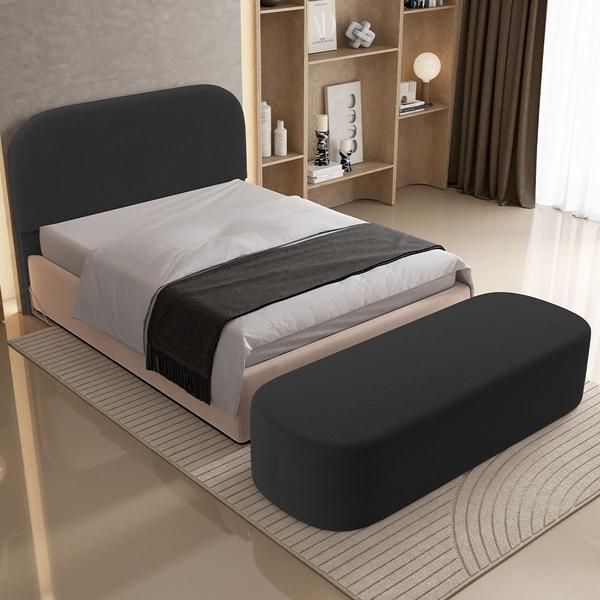 Imagem de Cabeceira Cama Box Queen 160cm Lanna com Puff Recamier Doha W01  Bouclê Preto - Lyam Decor