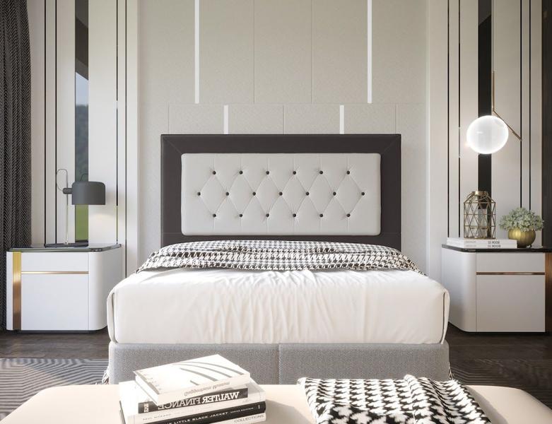 Imagem de Cabeceira Cama Box Queen Estofada Bela 160 Cm Suede Marrom Revestimento Sintético Branco