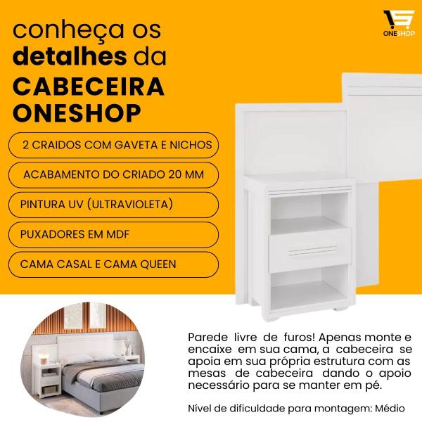 Imagem de Cabeceira Completa Oneshop com Duas Mesas de Cabeceira para Cama Queen e Casal Feita em MDF Branco