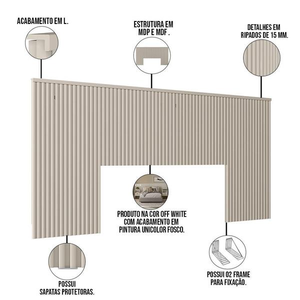 Imagem de Cabeceira De Madeira Ripada Para Cama De Casal 240 cm Celine L05 Off White - Lyam Decor