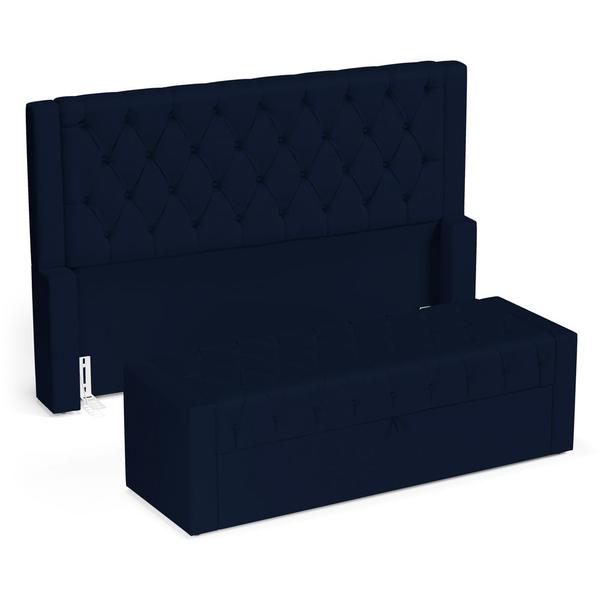 Imagem de Cabeceira e Calçadeira Báu Casal Padrão Atena 140cm Capitonê Suede Azul Marinho - Desk Design