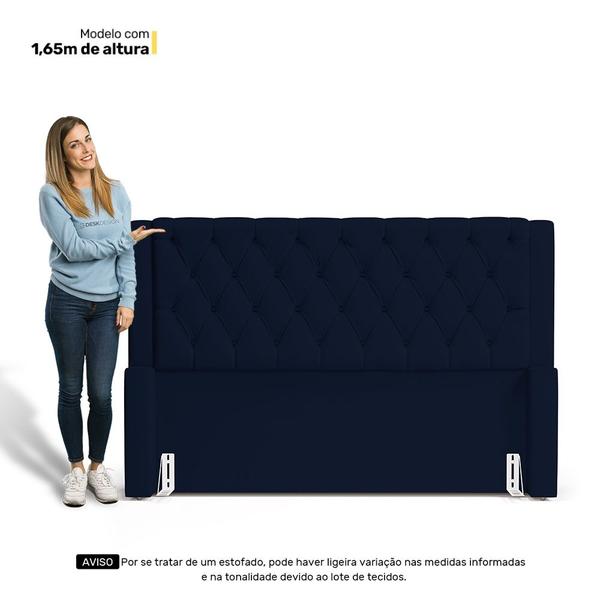 Imagem de Cabeceira e Calçadeira Báu Casal Padrão Atena 140cm Capitonê Suede Azul Marinho - Desk Design