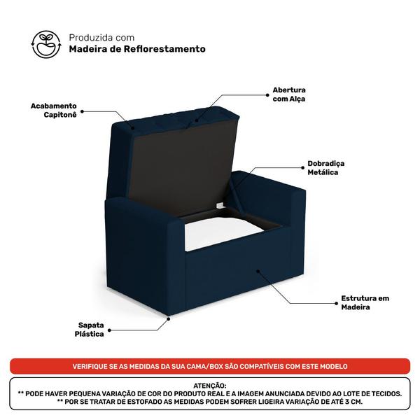 Imagem de Cabeceira e Calçadeira Báu Solteiro Atena 90cm Capitonê Veludo Azul Marinho - Desk Design