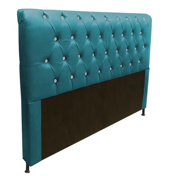 Imagem de Cabeceira Estofada Lady com Botões de Strass para Cama Box Casal 140cm Suede Azul Turquesa