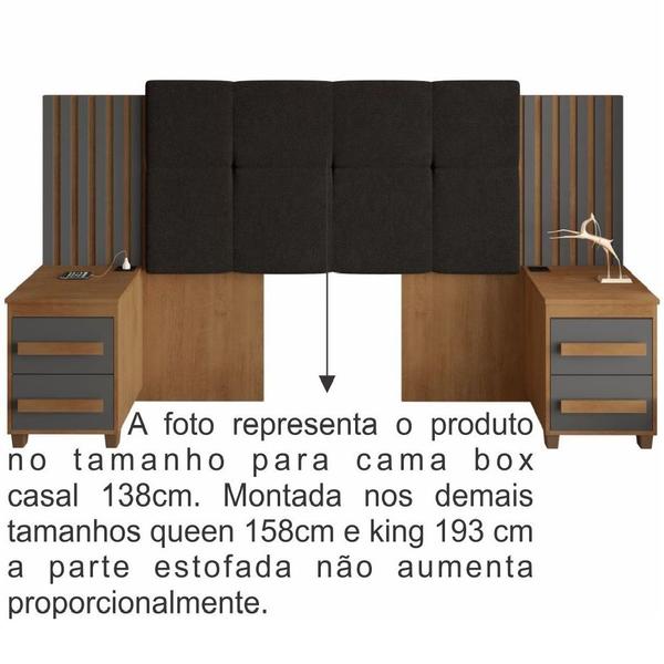 Imagem de Cabeceira Estofada para cama box casal/Queen/king RV Móveis Suíça com 02 mesas de cabeceira com tomada cinamomo Grafite