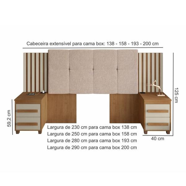 Imagem de Cabeceira Estofada para cama box casal/Queen/king RV Móveis Suíça com 02 mesas de cabeceira com tomada cinamomo OFF White