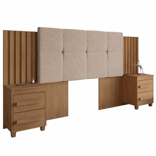 Cabeceira Estofada para cama box casal/Queen/king RV Móveis Suíça com 02 mesas de cabeceira com tomada cinamomo - RV MOVEIS