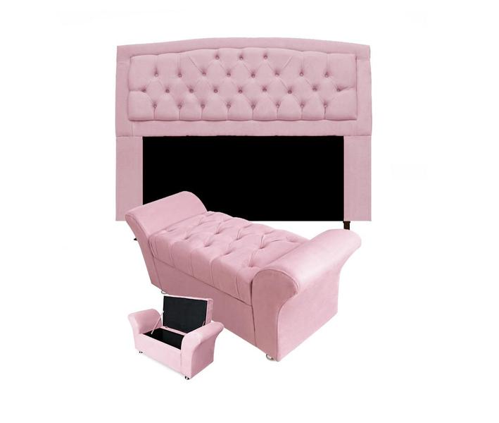 Imagem de Cabeceira Geovana e Calçadeira Veneza Baú Casal 140cm Suede Rosa Bebe - LM DECOR