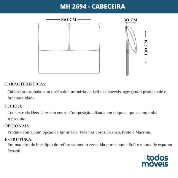 Imagem de Cabeceira MH-2694 Herval Estofado Casal para Colchão 138 cm sem luminária Linho Bege C