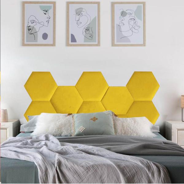 Imagem de Cabeceira Painel Modulado Colmeia Blogueirinha Estofada 140cm Casal Tecido Sintético Amarelo - Ahz Móveis