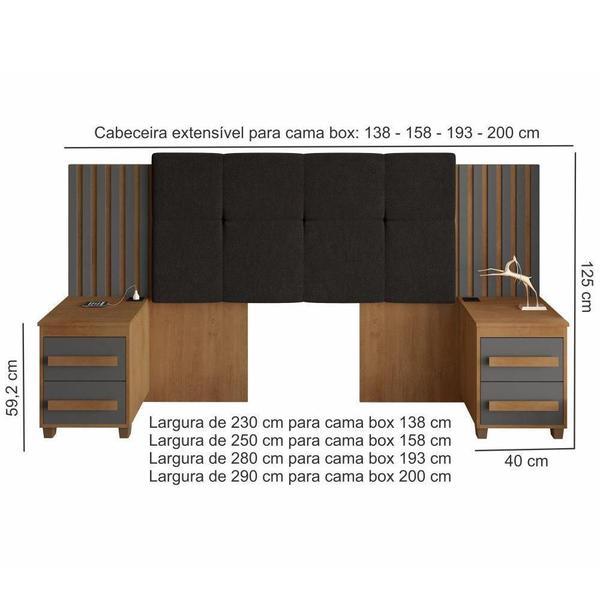 Imagem de Cabeceira Ripada Estofada para cama box casal/Queen/king RV Móveis Suíça com 02 mesas de cabeceira com tomada cinamomo Grafite 