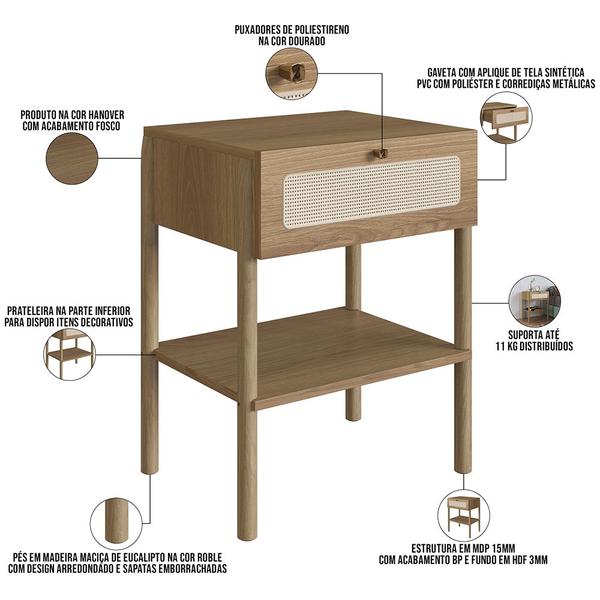 Imagem de Cabeceira Solteiro 90cm e 1 Mesa Lateral 1 Gaveta Madeira Moss A03 Hanover Roble - Lyam Decor