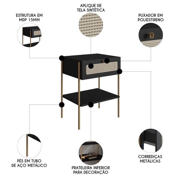 Imagem de Cabeceira Solteiro 90cm e Mesa 1 Gaveta Arlo A10 Nero/Dourado - Mpozenato