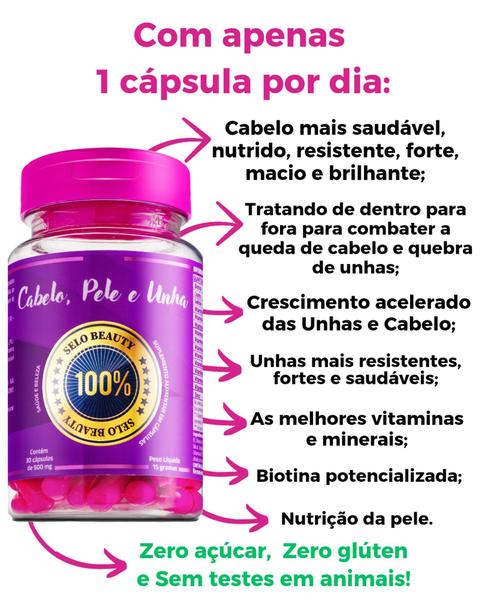 Imagem de Cabelo, Pele e Unha - Selo Beauty 2 potes - Rico em Biotina, Vitaminas e Minerais