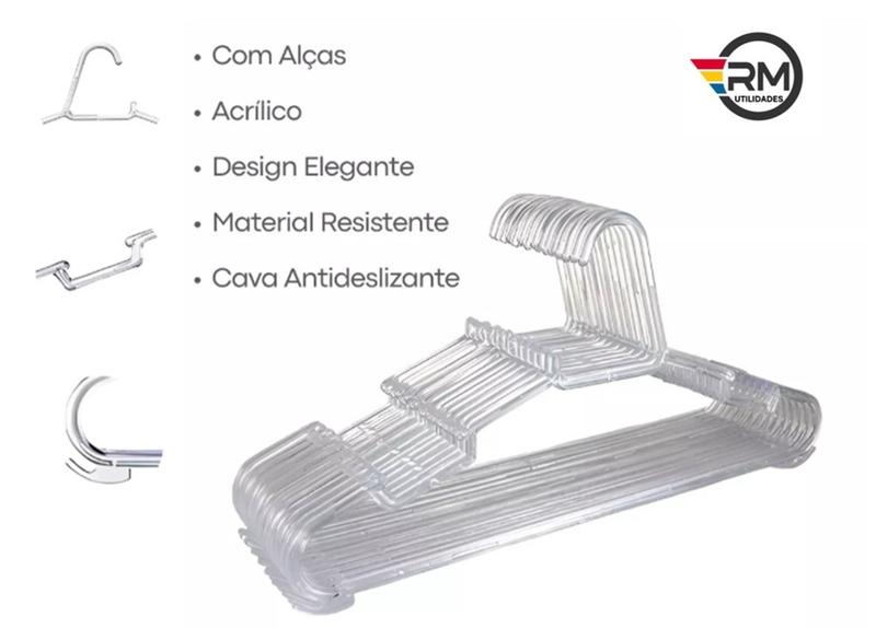 Imagem de Cabide Adulto de Acrílico Transparente Reforçado Kit com 100 unidades