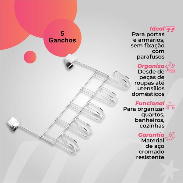Cabide com 5 ganchos para porta prateado - Dasshaus Resistente Roupas Louças Imagem de Cabide com 5 ganchos para porta prateado