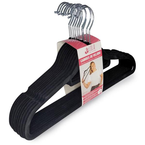 Cabide de Veludo Adulto com Gravateiro 42cm Preto - 10 pecas - LOLADECOR Imagem de Cabide de Veludo Adulto com Gravateiro 42cm Preto - 10 pecas