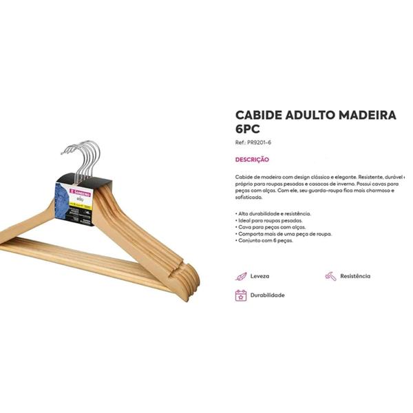 Imagem de Cabide Madeira Adulto com Cava para Peças com Alças 45cm Kit 6 Unidades Sanremo Ref.Pr9201-6