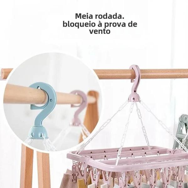 Imagem de Cabide Secador de Roupas de Plástico à Prova de Vento - 32 Clipes para Adultos e Crianças