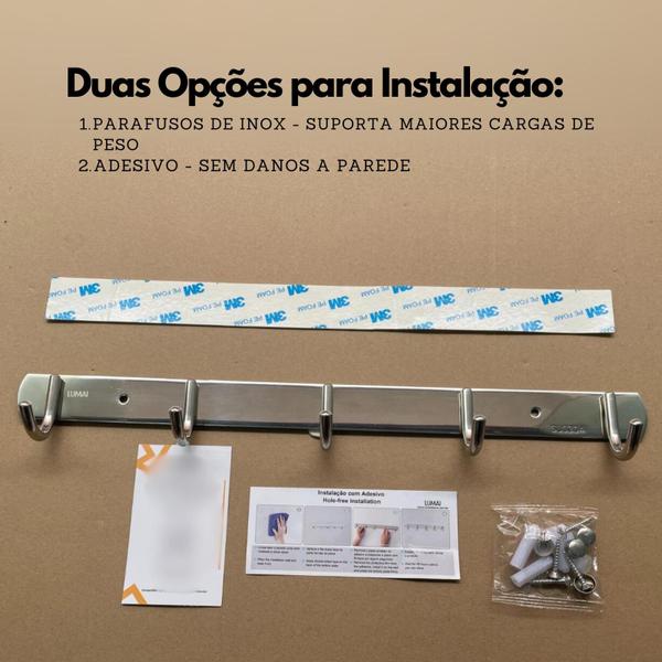 Cabide Suporte Cabideiro de Parede 5 ganchos Inox para Roupas Toalhas Utensilios Objetos - LUMAI Imagem de Cabide Suporte Cabideiro de Parede 5 ganchos Inox para Roupas Toalhas Utensilios Objetos