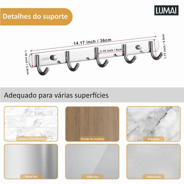Cabide Suporte Cabideiro de Parede 5 ganchos Inox para Roupas Toalhas Utensilios Objetos - LUMAI Imagem de Cabide Suporte Cabideiro de Parede 5 ganchos Inox para Roupas Toalhas Utensilios Objetos