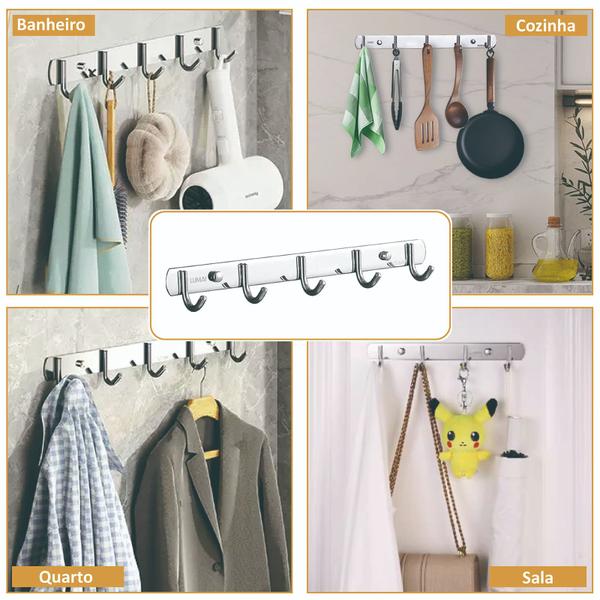 Cabide Suporte Cabideiro de Parede 5 ganchos Inox para Roupas Toalhas Utensilios Objetos - LUMAI Imagem de Cabide Suporte Cabideiro de Parede 5 ganchos Inox para Roupas Toalhas Utensilios Objetos