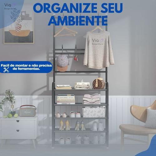 Imagem de Cabideira Organizador de Roupas Cabideiro Sapateira Estante de Chão Multiuso Arara Desmontável Organizador Sapatos 4 Andares