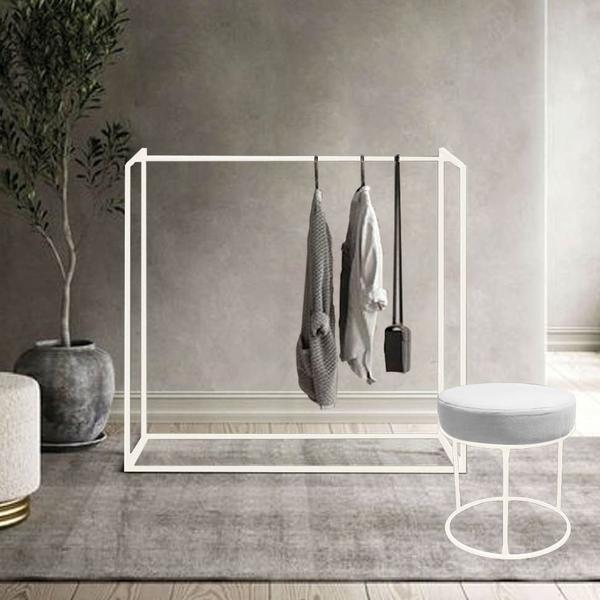 Imagem de Cabideiro Arara de roupas Maya 150cm Closet Loja e Puff Garden Ferro Branco Sintético Branco - Ahazzo Móveis