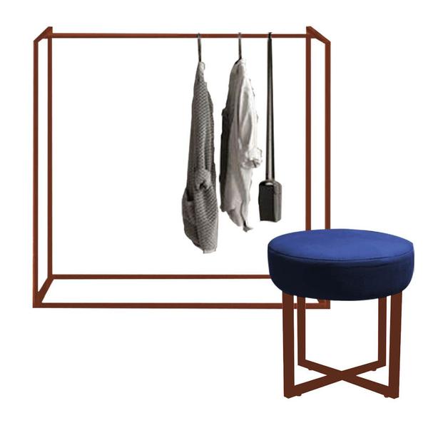 Imagem de Cabideiro Arara de roupas Maya 150cm Closet Loja e Puff Gladis Ferro Bronze Sintético Azul Marinho - Ahazzo Móveis