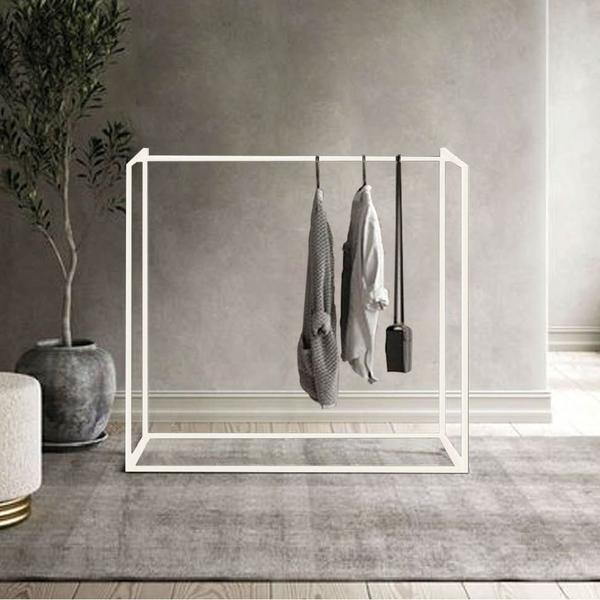 Imagem de Cabideiro Arara de roupas Maya 150cm Closet Loja e Puff Luna Ferro Branco material sintético Bege - Ahazzo Móveis