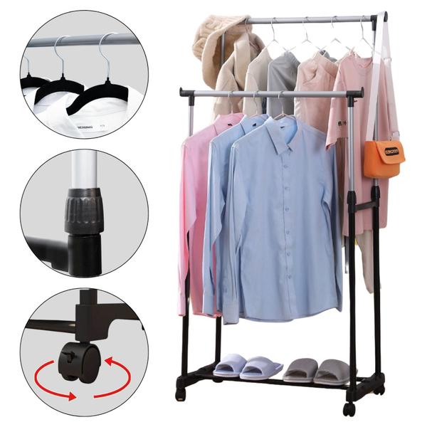 Cabideiro Arara De Roupas Multiuso Com Sapateiro Aço Prateleira Com Rodinhas Cabideiro Arara De Roupas Multiuso Com Sapateiro Aço Prateleira Com Rodinhas