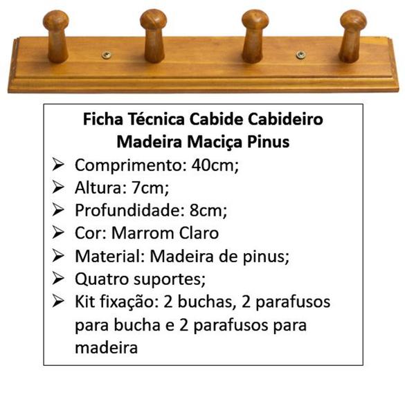 Imagem de Cabideiro Cabide de Parede  de madeira Pinus 4 Penduradores Mod. Cabide  1 Pç marrom Claro