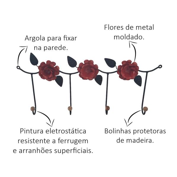 Imagem de Cabideiro com flores vermelhas com 4 ganchos