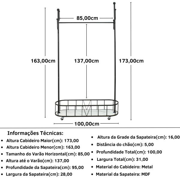 Imagem de Cabideiro de Chão Grande com Sapateira e Rodízios - Preto