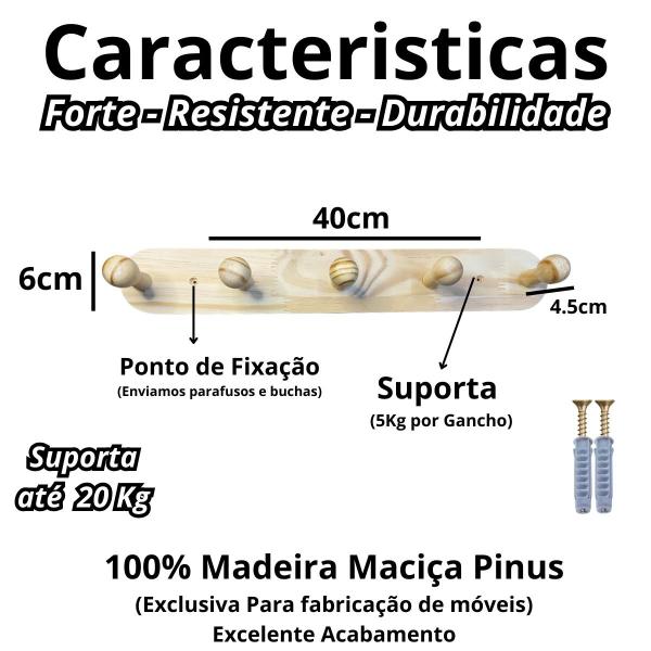 Imagem de Cabideiro Parede Organizador Porta Roupa Quarto Resistente - Orgnizador Suspenso Cabideiro Madeira Pinus Natural