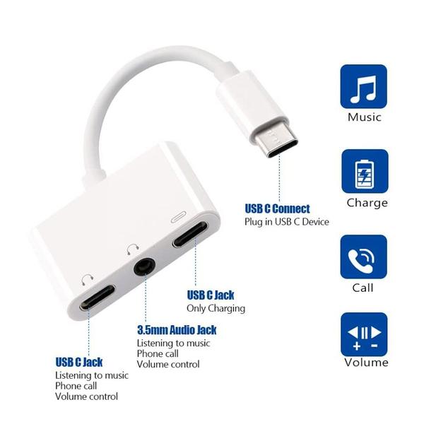 Imagem de Cabo Adaptador 3 em 1 Duplo Android USB C Type C Branco - Carregador e Fone de Ouvido