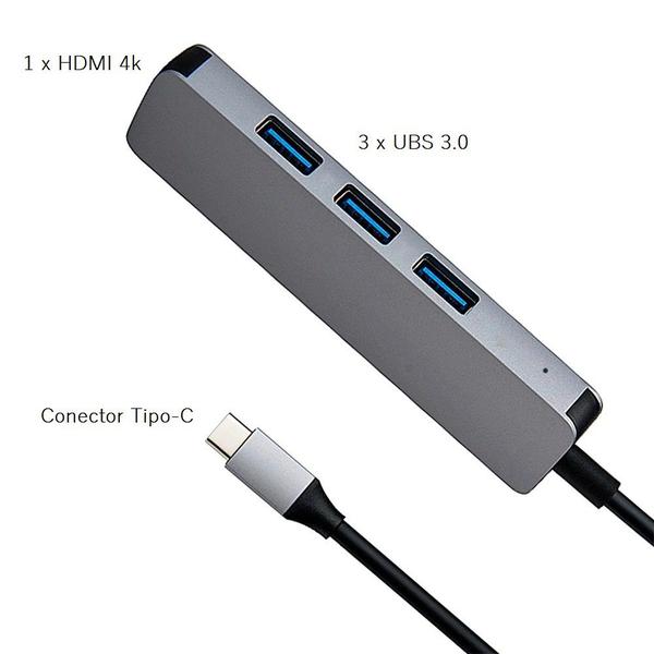 Imagem de CABO ADAPTADOR 3 x USB 3.0,  HDMI 4 EM 1, CORPO DE ALUMINIO