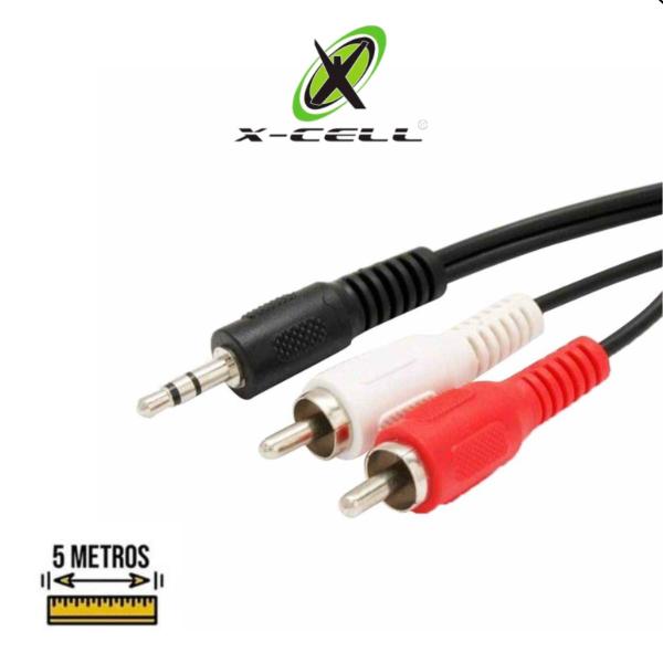 Imagem de Cabo Adaptador Auxiliar P2 2RCA Macho 5 M Vermelho Amarelo