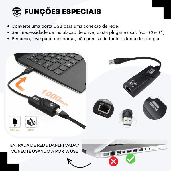 Imagem de Cabo Adaptador Usb 3.0 Rj45 Placa de Rede Giga Lan 10/100/1000 Mbps Internet Super Rápida Gigabyte