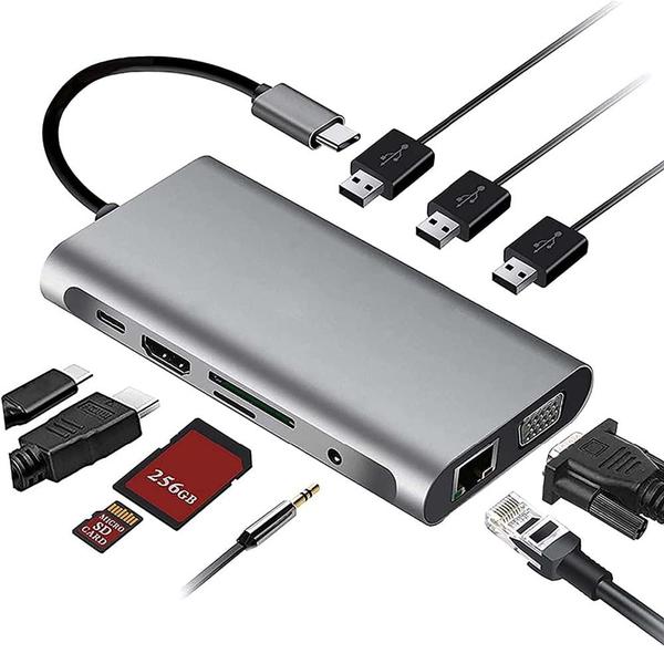 Imagem de Cabo Adaptador USB-C / LAN RJ45 Gigabit  4k 10 em 1