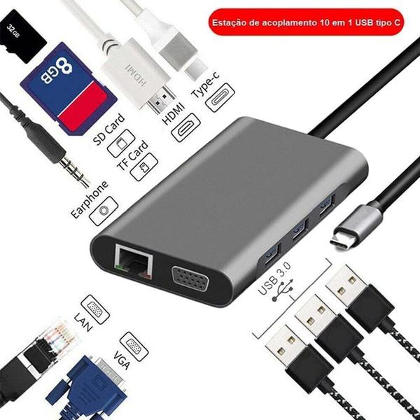 Imagem de Cabo Adaptador USB-C / LAN RJ45 Gigabit  4k 10 em 1