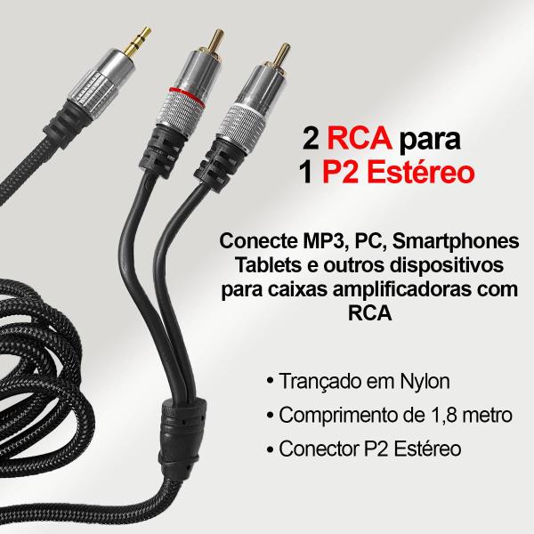 Imagem de Cabo Auxiliar P2 Estéreo Para 2 Rca De 1,8 Metro - Mxt